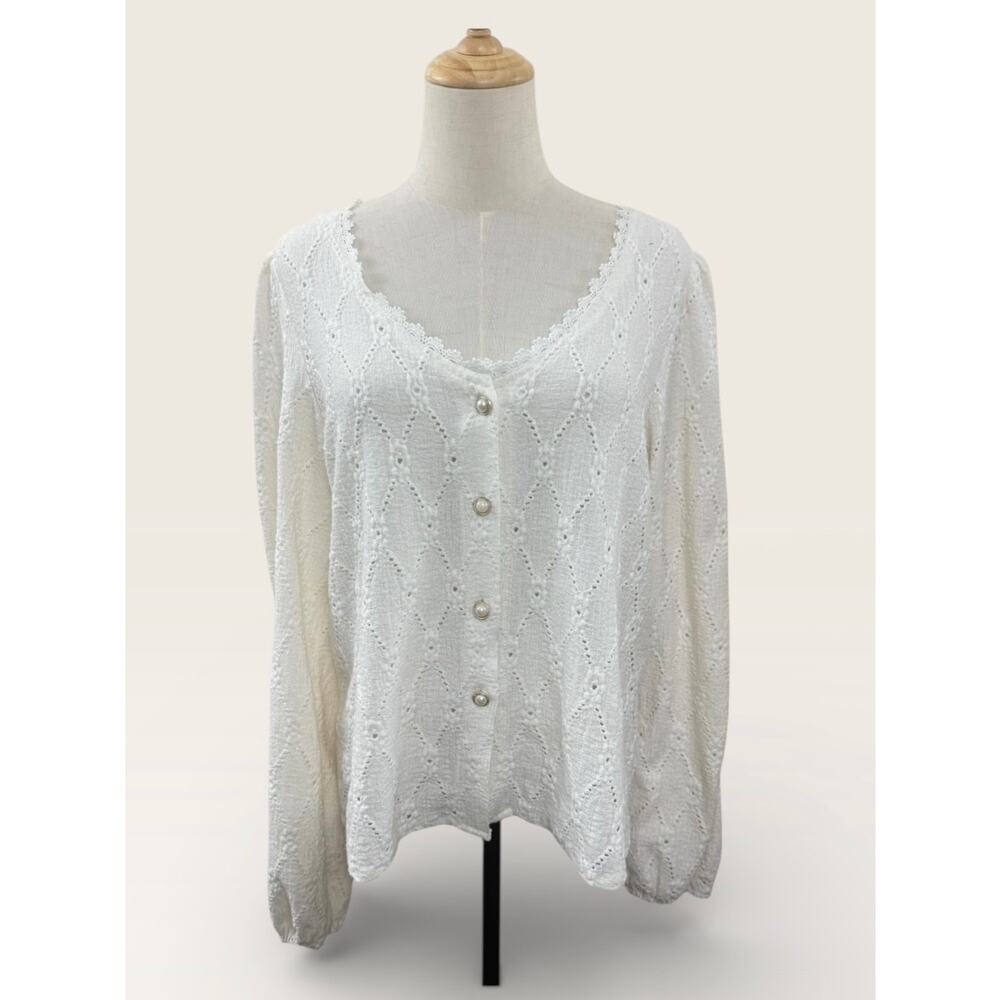 Cream Diamond Knit Cardigan with Lace Detail and Pearl Buttons, Size M